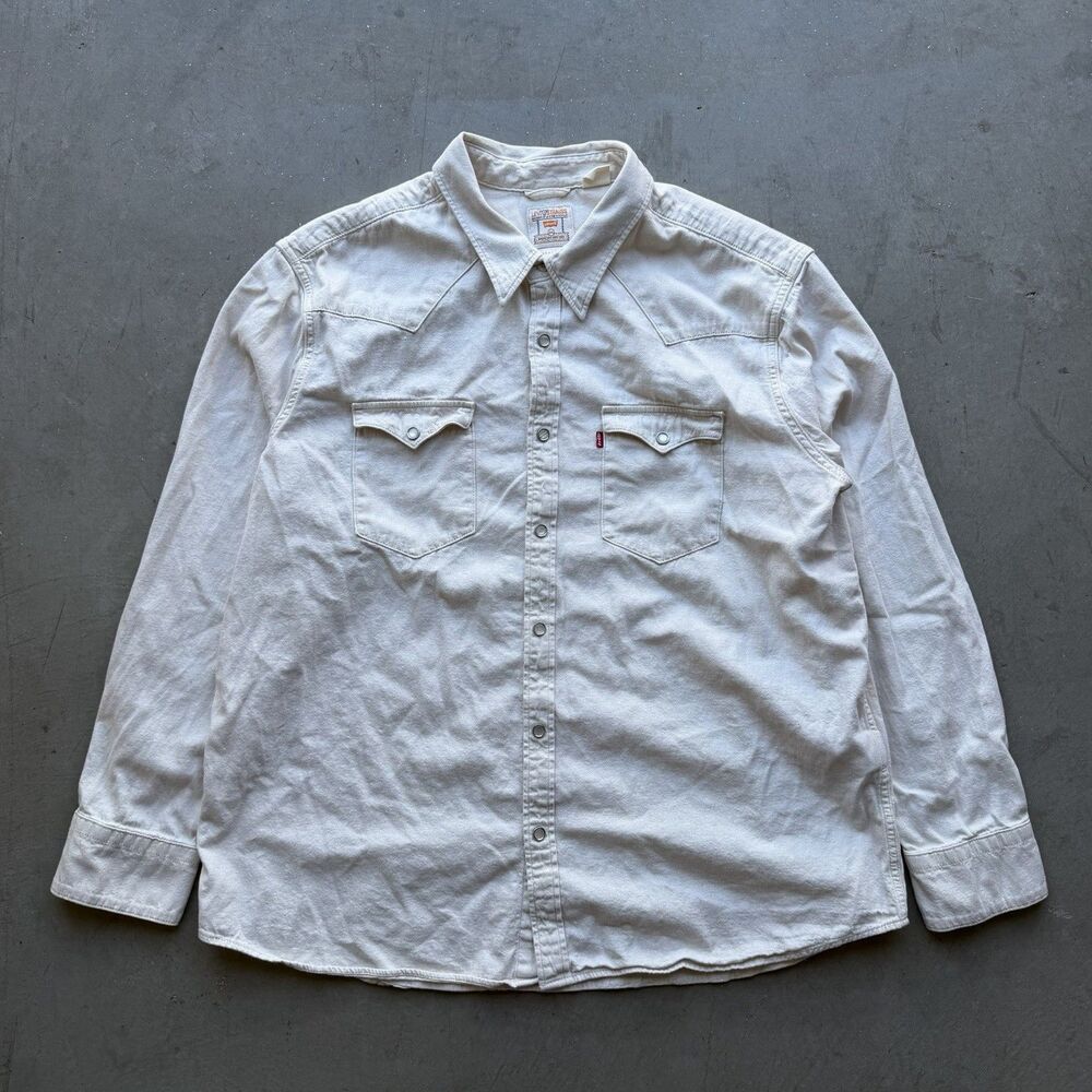 Levis Mens 2XL Western Pearl Snap White Denim Shirt Long Sleeve Standard Fit